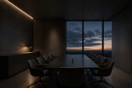 Dunkler Besprechungsraum mit Blick über die Stuttgarter Skyline in der Abenddämmerung